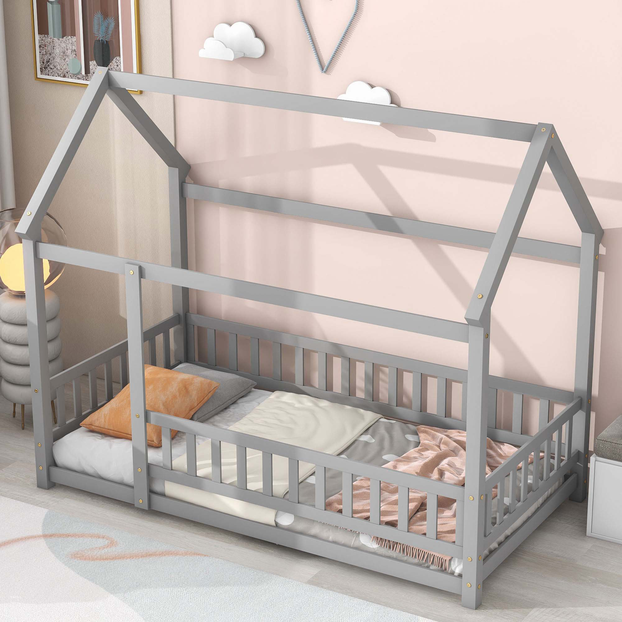Ophelia & Co. Floor Wooden Bed With House Roof Frame, Fence Guardrails ...