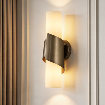 Applique murale moderne à 2 lumières avec abat-jour en verre brossé doré antique et abat-jour en verre givré H 16,75 po