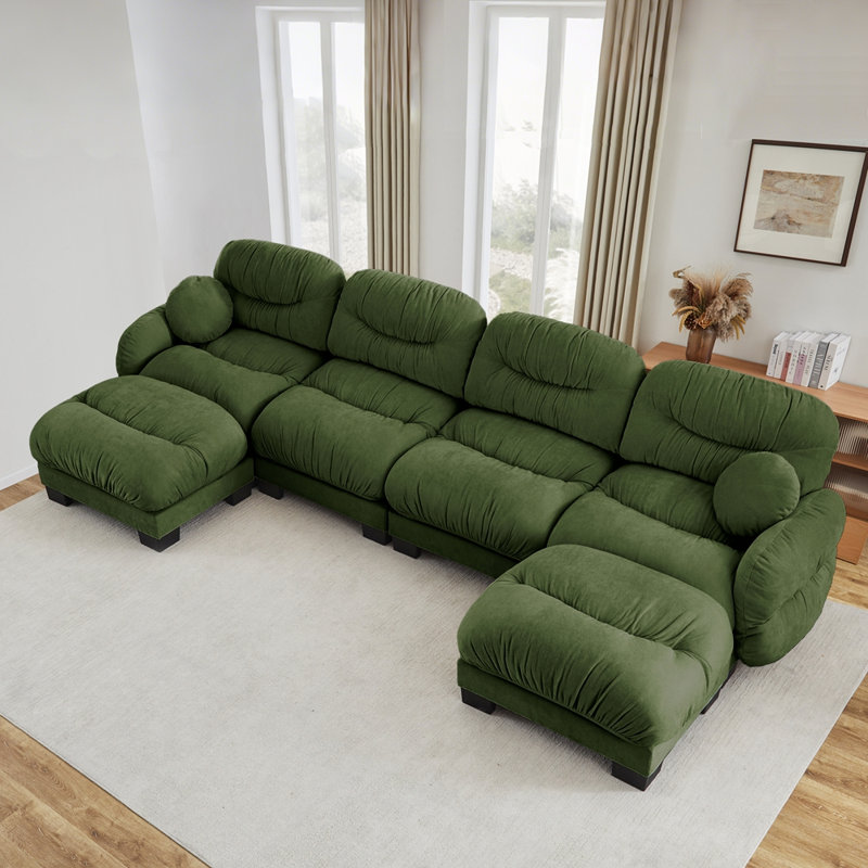 Canapé modulaire confortable à 4 places en tissu de chenille plissé avec siège ergonomique en mousse haute densité, canapé modulaire en forme de U avec 2 repose-pieds, accoudoirs arrondis arrondis et 2 coussins décoratifs ronds