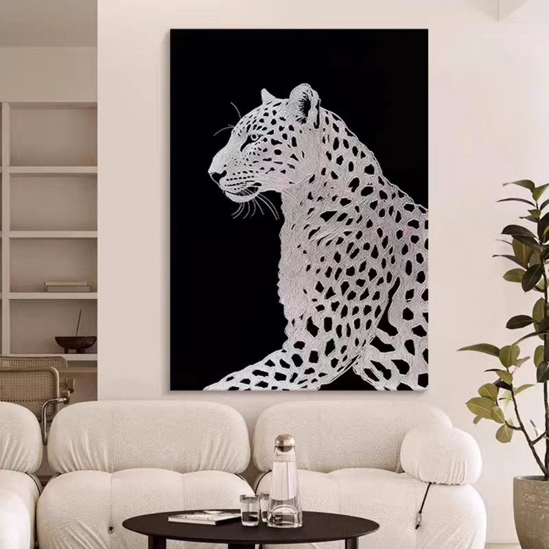 Art texturé léopard noir et blanc texturé, décoration de salon et de chambre à coucher moderne
