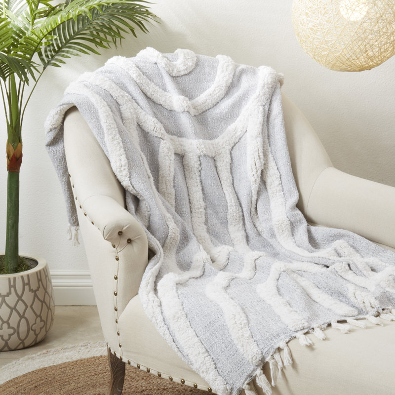 Gray Cotton Tufted Knit Fringed Throw Blanket, 50"x60"