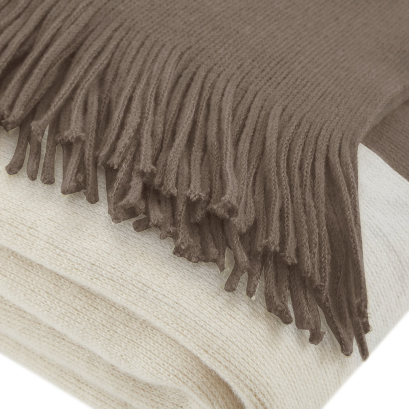 Taupe and Off-White Acrylic Fringed Throw Blanket