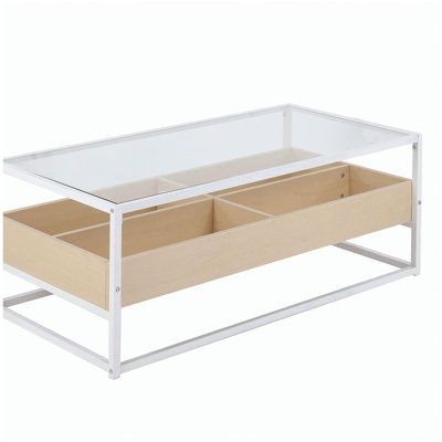 Table basse contemporaine en métal blanc, bois naturel et verre transparent
