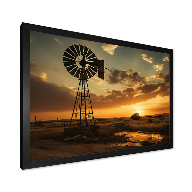 Texas Rustic Windmills - Wind Turbines, art mural pour le salon, H 12 po x l 20 po x P 1 po, Cadre noir