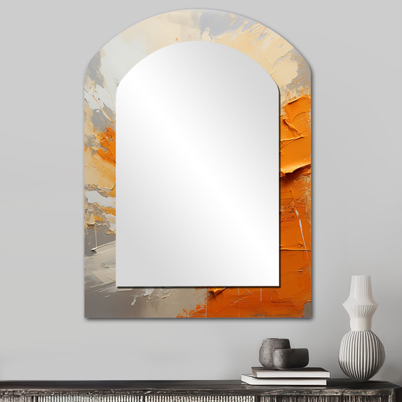 Échos orange et beige de formes modernes I - peinture abstraite, miroir décoratif asymétrique, grand miroir mural arqué moderne, impression d'art en métal