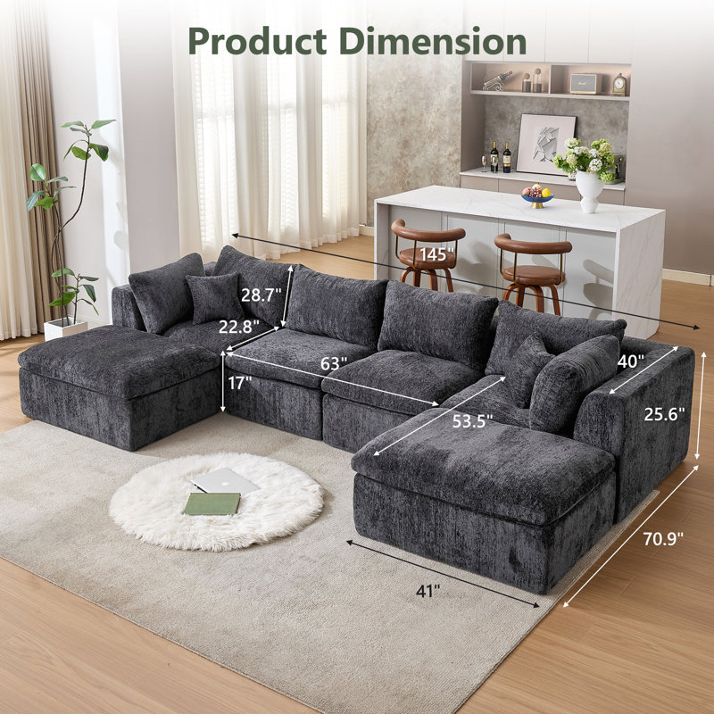 Canapé modulaire rembourré et désossé 6 pièces 6 pièces, Gris chenille, H 25,6 po x l 145 po x P 70,9 po