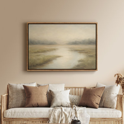 Framed Canvas Wall Art - Misty Marsh Landscape with Gentle Water Reflection - 24"x36"