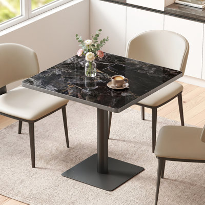 Square Black Sintered Stone Pedestal Bistro Dining Table with Brushed Stainless Steel