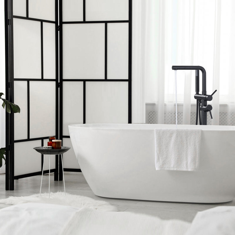 Modern Single Handle Freestanding Tub Faucet, Floor Mount Tub Filler With Hand Shower, Matte Black