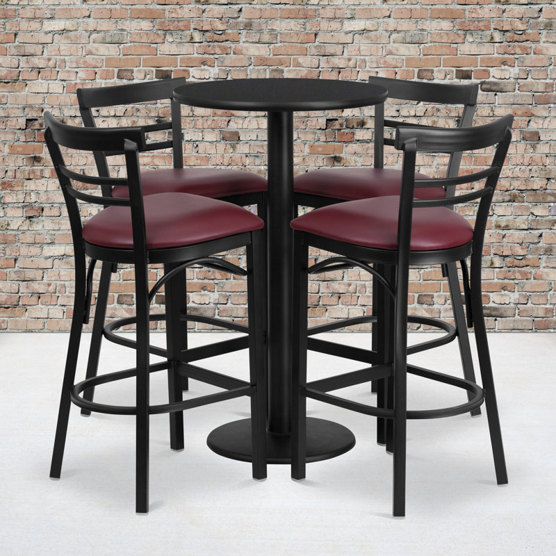 Naro 24'' Round Laminate Table Set with Round Base and 4 Ladder Back Metal Barstools, Burgundy, Black Faux Leather