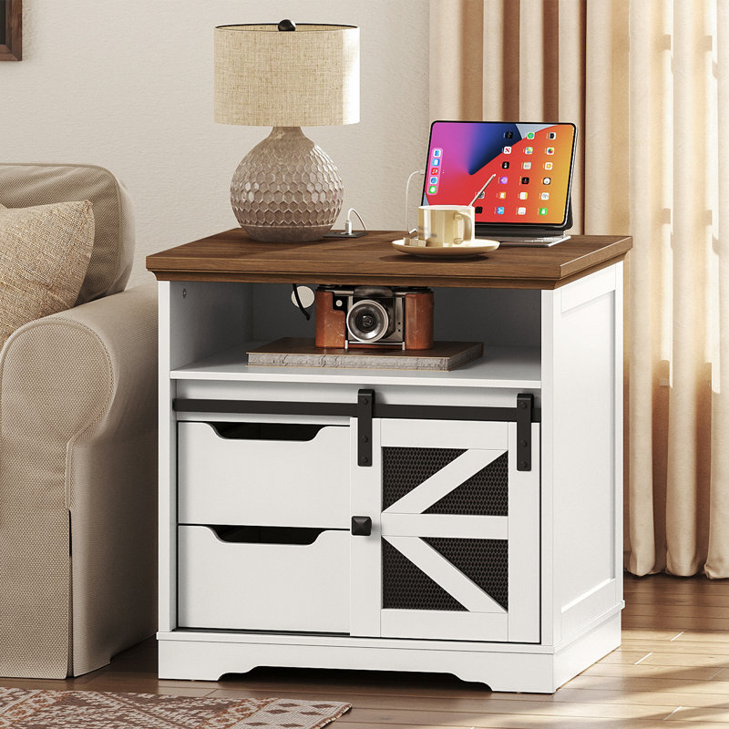 Brisson 23.6"W Farmhouse End Table with 2 Drawers and Charging Station, White/Walnut