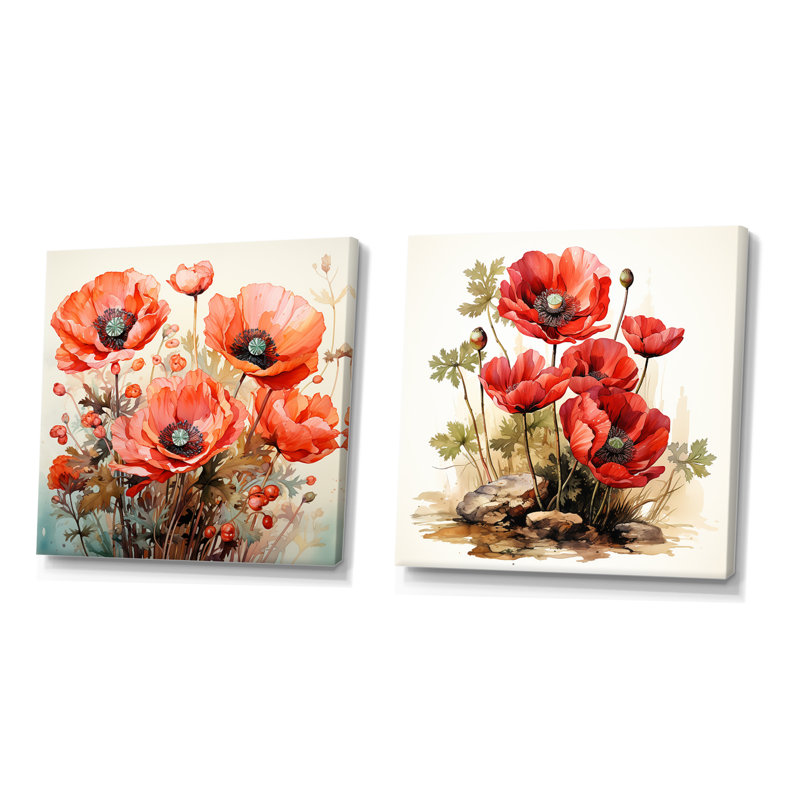 Red Serene Poppy Meadows I - ensemble de 2 reproductions d'art sur toile coquelicot, Toile tendue