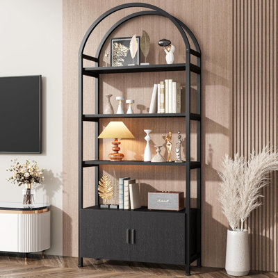 Set of 2 71" Tall Arched Bookshelf with Drawers, Black Industrial Bookcase Freestanding Display Shelving Unit with Sturdy Metal Frame, Geometric Book Shelf for Lving Room, Home Office