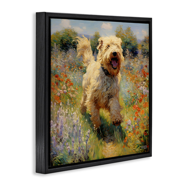 Art mural sur toile flottant avec joyeux chien Terrier heureux par Roozbeh Bahramali, Cadre flottant noir de jais