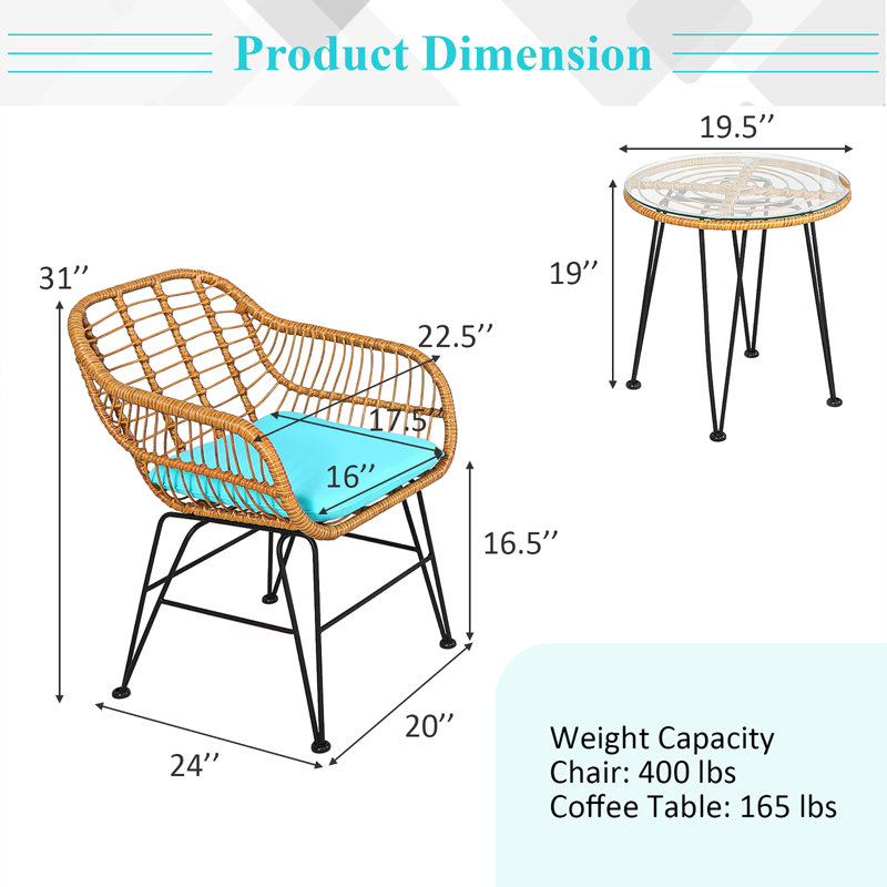 Brookley 2 - Person Wicker Patio Dining Set with Round Table , Cushions Included, Brown, Mint