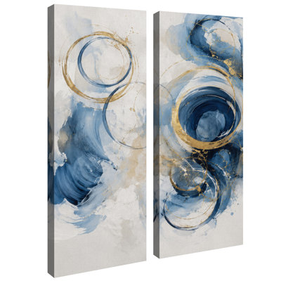 Cercle bleu et or abstrait – Ensemble de 2 impressions sur toile 32 po x 12 po x 2