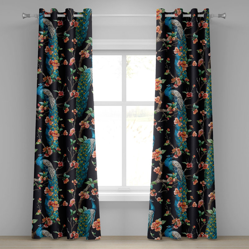 Dakota Fields, paon, œillets, rideau, oiseaux, floraison, art floral, vermillon, bleu mer, bleu sarcelle, L 50 po x L 72 po