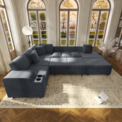 L-Shaped Sectional Sofa Set with Removable Ottoman, Hidden Armrest Storage and USB Charging Ports