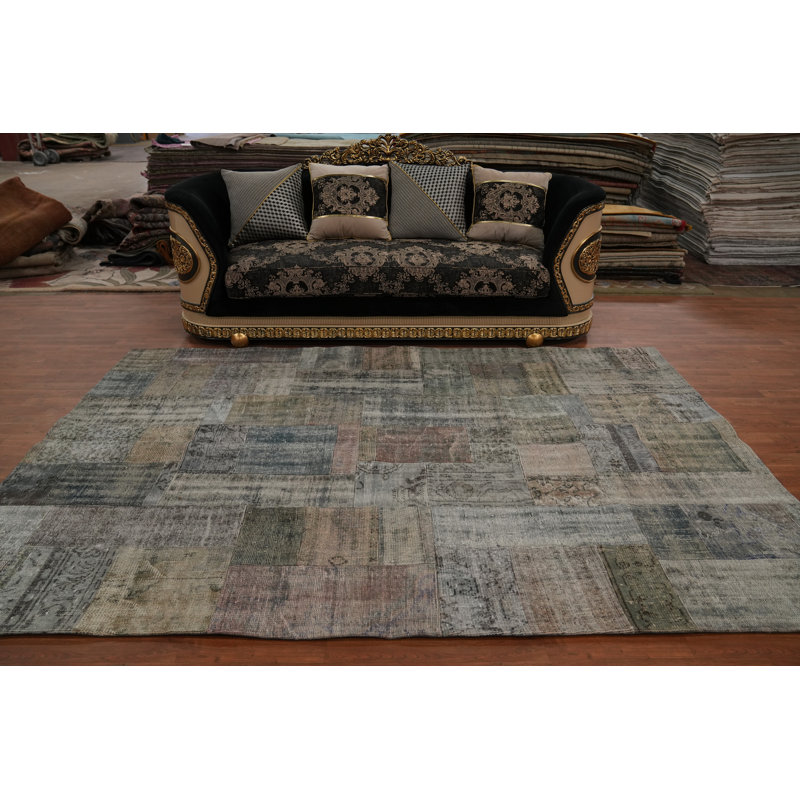 Wool Geometric Patchwork Distressed Area Rug 7x10