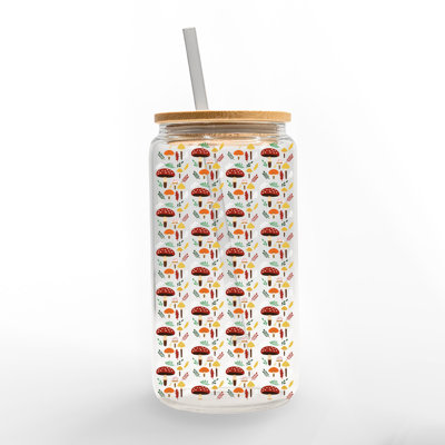 Mushroom Pattern Glass Can Cup With Lid and Straw