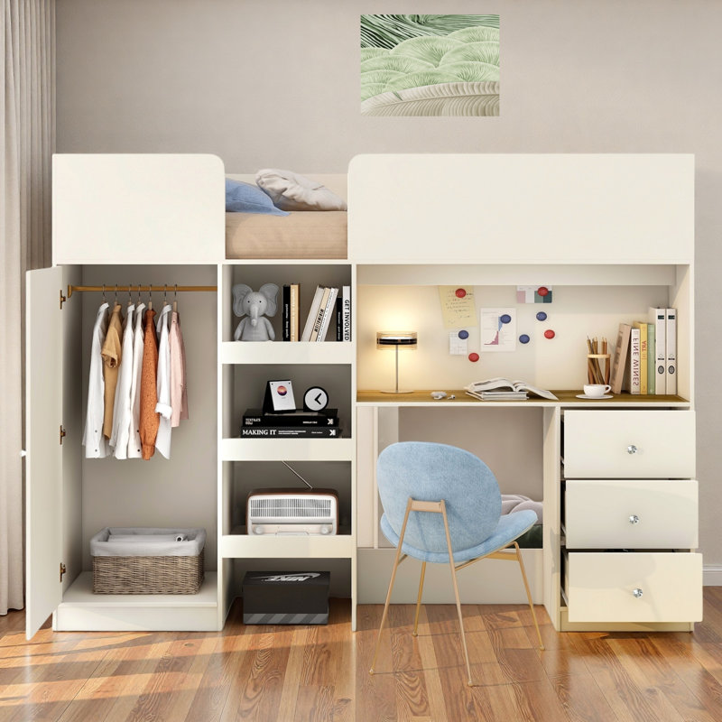 Lit mezzanine avec garde-robe intégré, bureau, tablettes de rangement et tiroirs, Beige