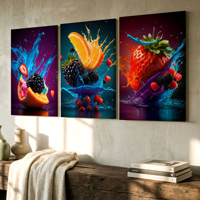 Ensemble de 3 pièces de fruits éclatants pour décoration de cuisine moderne, trois pièces d'art mural pour le salon, la chambre à coucher et le bureau, prêtes à être suspendues