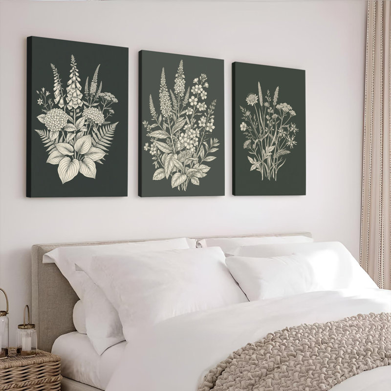 Botanique à motif floral sur toile tendue, ensemble de 3 décorations pour salon, H 30 po x l 60 po