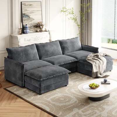 U Shaped Corduroy Couch With Comfortable Seats For Living Area Grey 2 Cushioned And Seat