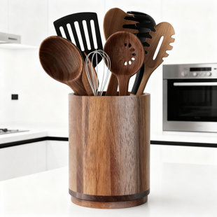 Wood Utensil Holder With 360-Degree Rotation, Large Countertop Organizer For Cooking Spatulas And Kitchen Tools