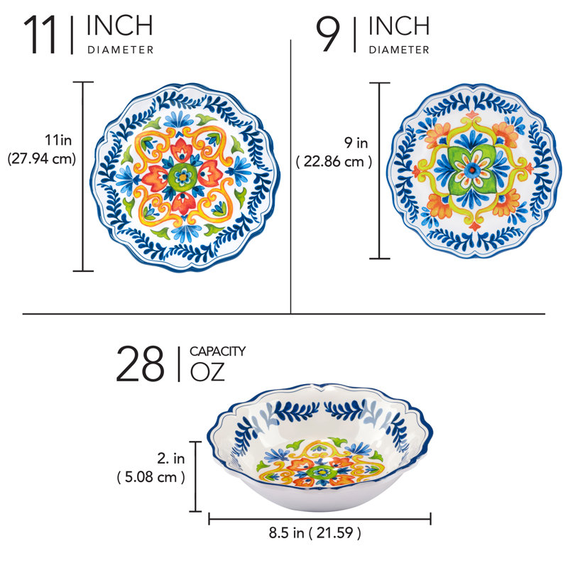 Flores Vibrant Floral Melamine Dinnerware Set, Service for 4