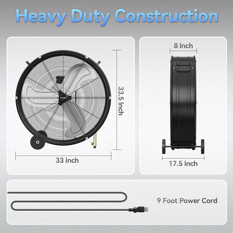  30" High Velocity Industrial Drum Fan, 13000 CFM, 3-Speed Heavy Duty Industrial Shop Fan for Warehouse, Workshops, Garage, Factory and Basement - UL Safety Listed
