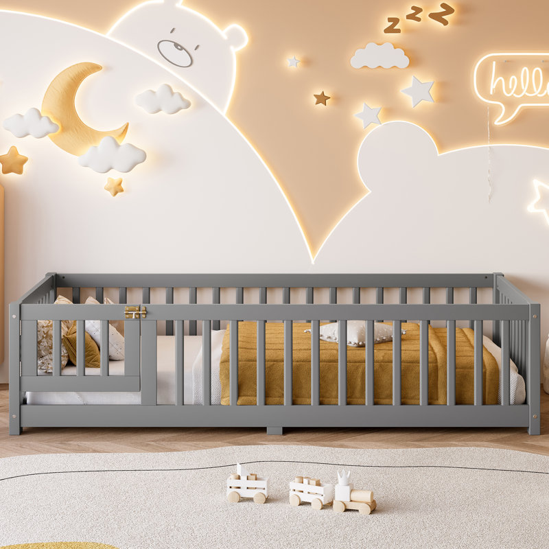 Iyania Kids Platform Floor Bed With Safety Guardrails And Door For Bedrooms, Gray, Twin