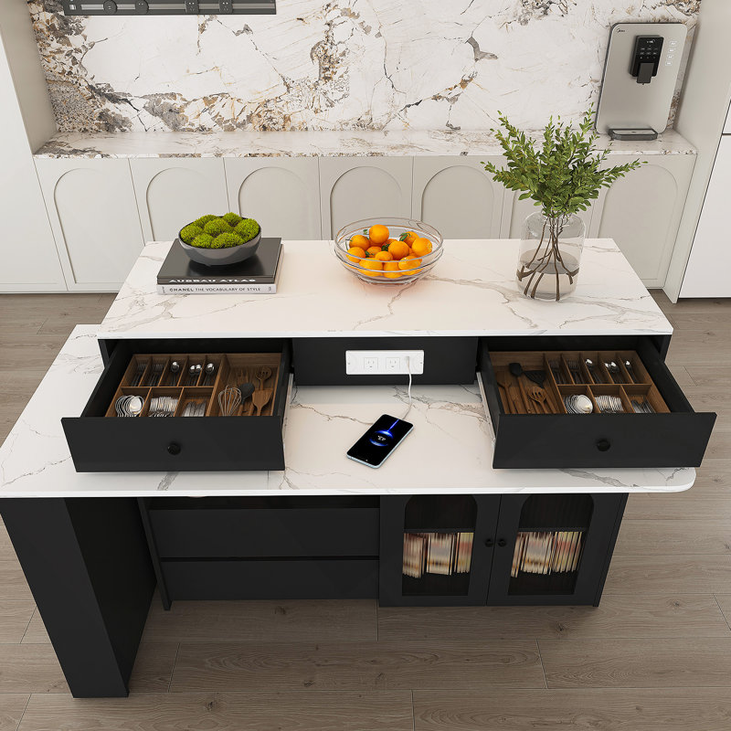 Kitchen Island With Extendable And Rotating Table, Wooden Kitchen Island With 4 Drawers, Black/White Marble