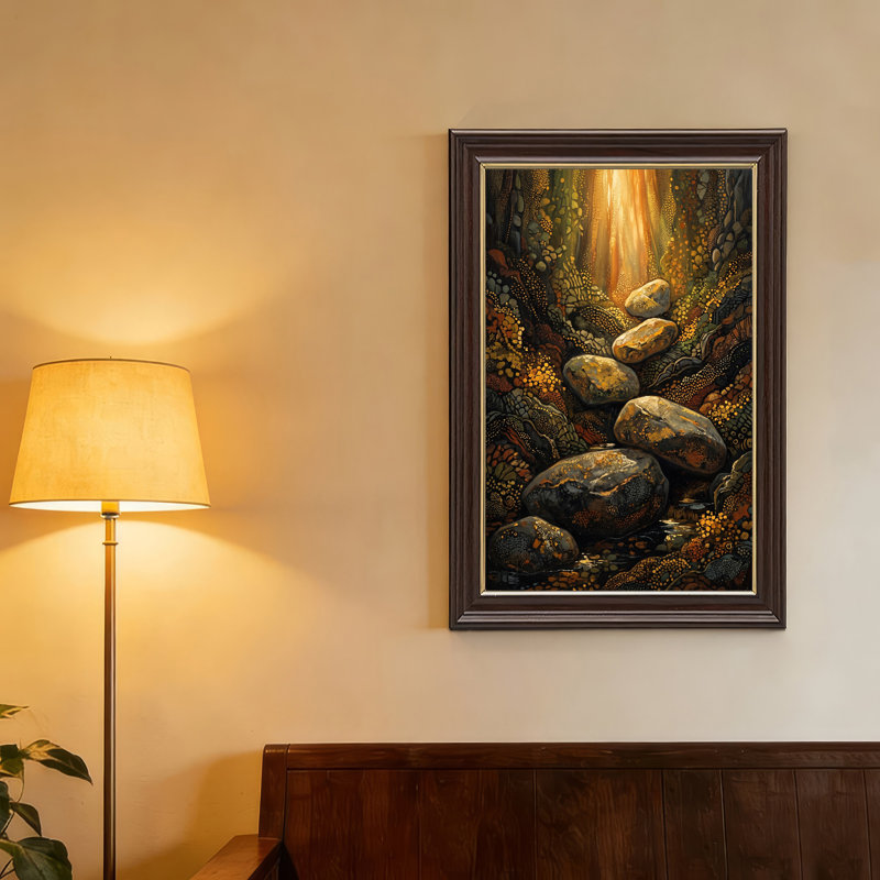 Art texturé, "Textured Rocks in Sunlit Stream Forest", H 24 po x l 16 po