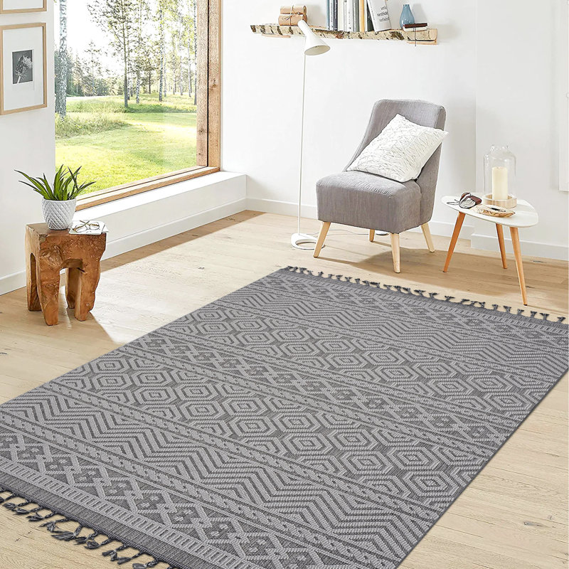 Tapis géométrique gris et blanc 6 x 9 - Élégance, teinture, perte de poils minimale, approuvé par les animaux de compagnie, travaux d'entretien faciles, tapis intérieur / extérieur de style épuré, résistant, sans abri, et marches,