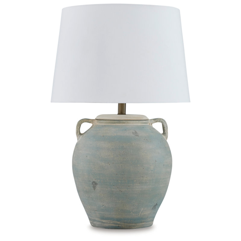 Antiqued Green Terra Cotta Table Lamp with Fabric Shade