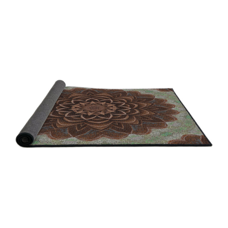 Tapis brun/vert à motifs, Rond 5 pi