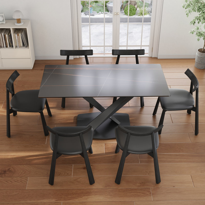 7-Piece Modern Rectangular Sintered Stone Dining Table Set With 6 Faux Leather Chairs, Lauren Blackgold, Black