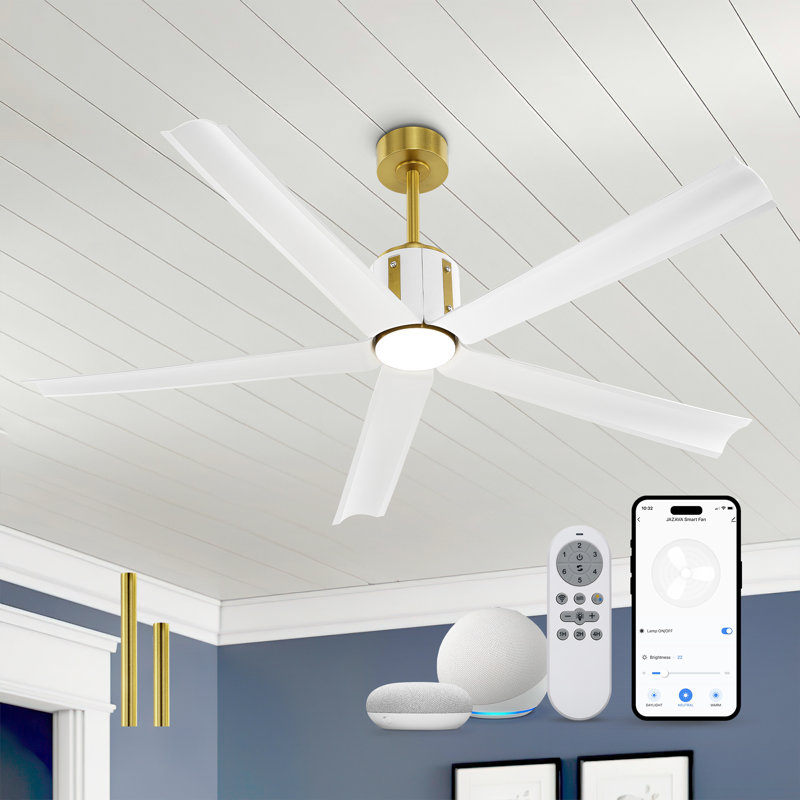 60 Inch 18W Ceiling Fan With Led Lights, 5-Blades With Alexa Google Smart Control And Remote Control And App, Gold, White