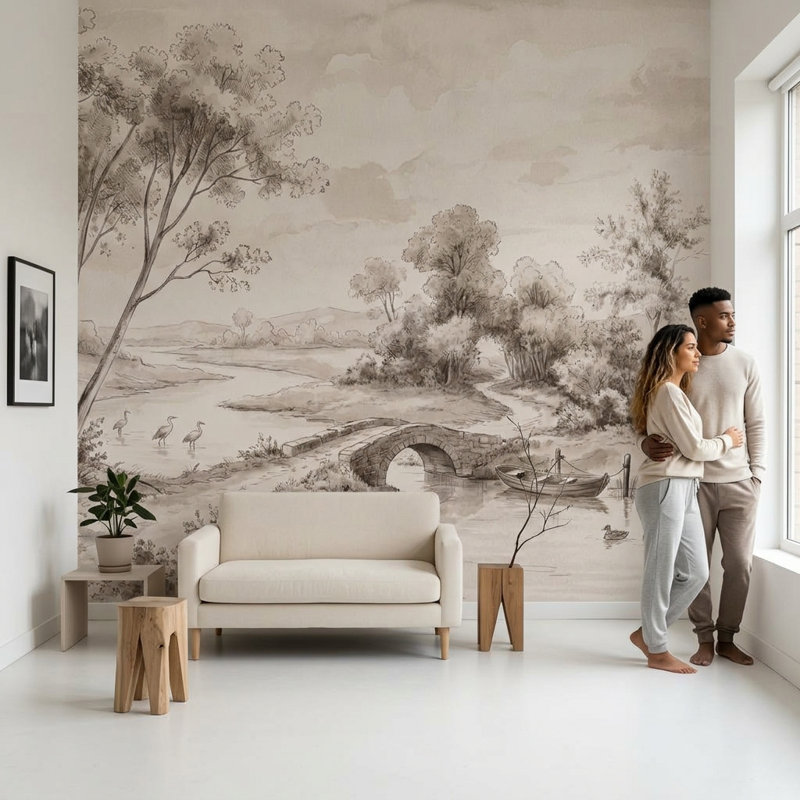 Papier peint sépia, paysage, illustration de toile, scène de rivière, 120 po x 96 po, Non tissé
