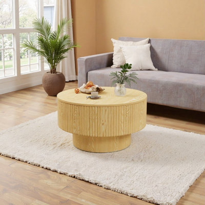 Table basse moderne de 30 po avec rangement dissimulé, panneau de fibres à densité moyenne à finition bois naturel, table d'appoint ronde pour le salon et le bureau