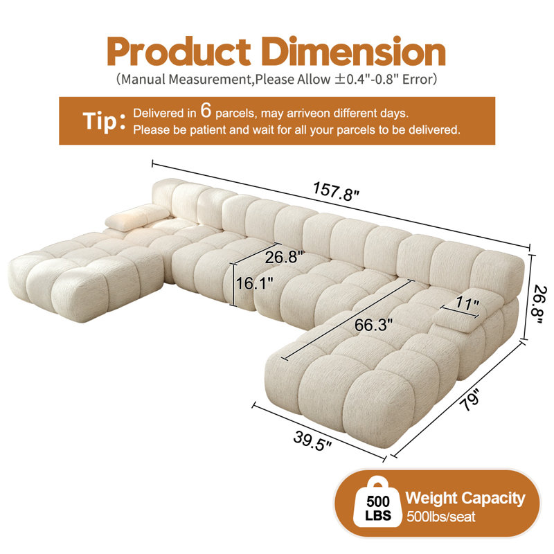 Canapé modulaire rembourré en U en velours côtelé 157 pièces de l 157,8 po, Beige, En forme de U