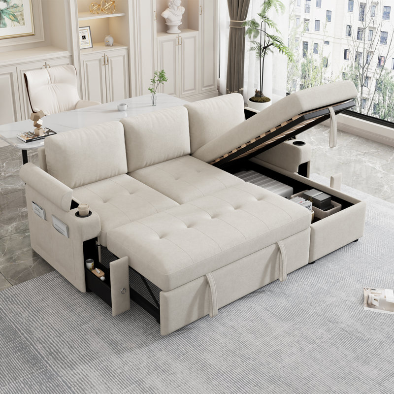 Matthias Convertible Chenille Sofa Bed with Storage & USB, Beige