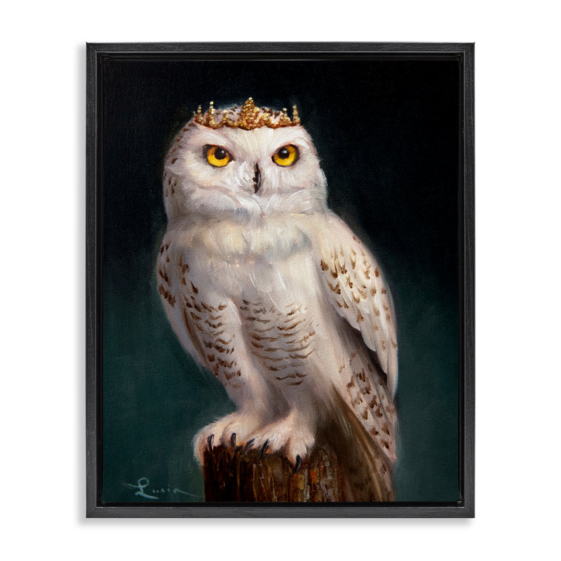 Cadre flottant Snowy Owl King, design par Lucia Heffernan, H 31 po x l 25 po, Cadre flottant noir de jais