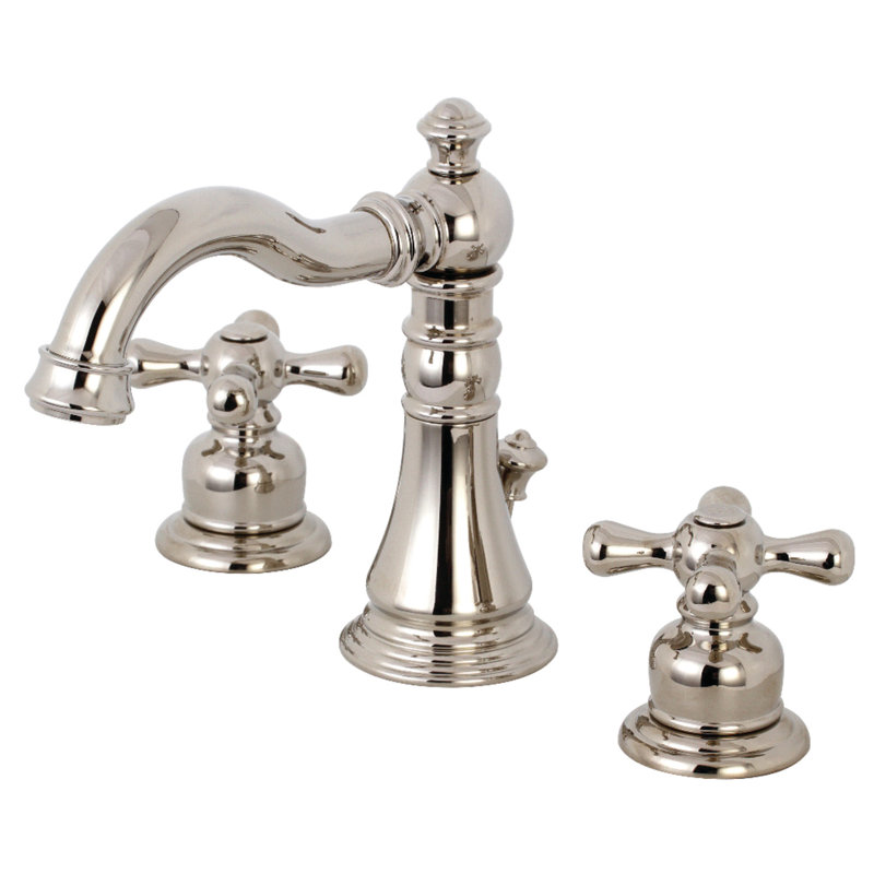 Kingston Brass American Classic Two-Handle 3-Hole Deck Mount Widespread Bathroom Faucet with Pop-Up Drain, Polished Nickel
