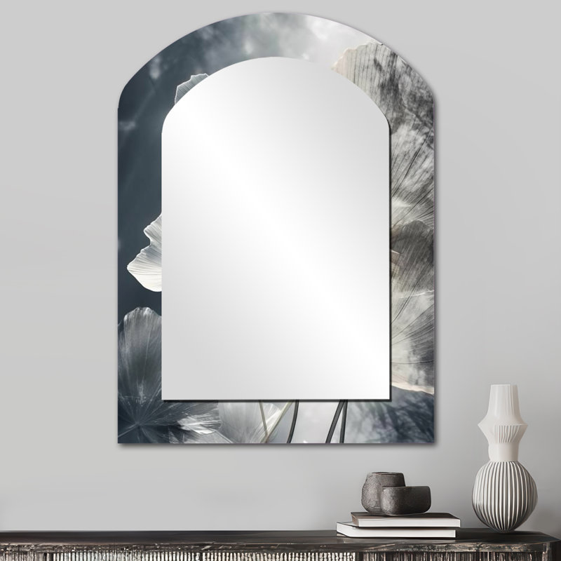 Art tropical palmier pour Ginkgo Art III - miroir mural décoratif asymétrique gris, miroir arqué traditionnel, impression sur métal