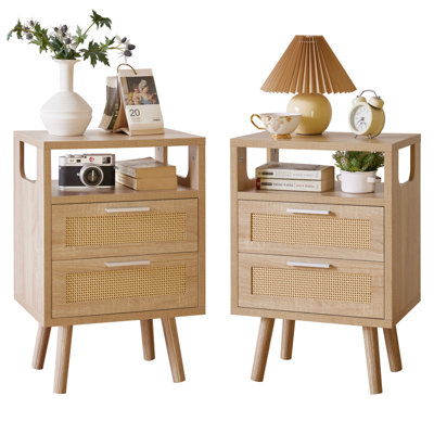 Ensemble de 2 tables de chevet avec rangement modernes, table de chevet en bois 15,4 po avec 2 tiroirs et poignées en métal doré, table de bout pour la chambre à coucher, bois naturel