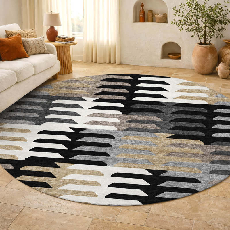 Premium Machine Washable Mayfield AMF2328 Geometric Rug, 8' Round, Black
