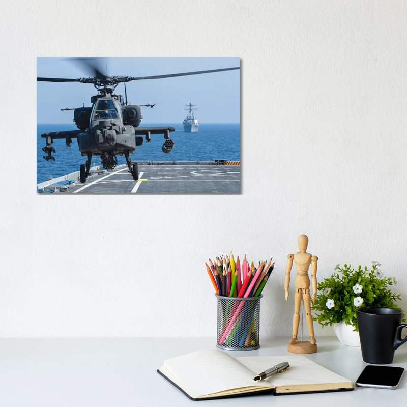 An Army Ah-64D Apache Helicopter Takes Off From USS Ponce by Stocktrek Images - Wrapped Canvas Print, 20.32 cm H x 30.48 cm W