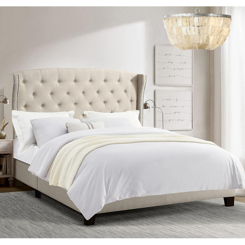 Structure de lit avec tête de lit capitonnée / revêtement en tissu, Beige, Très grand lit